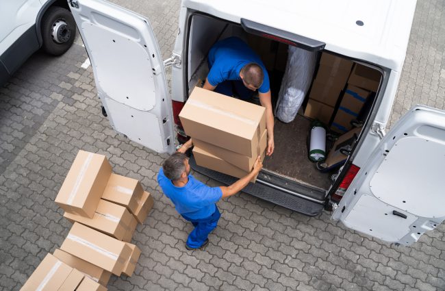 Open Truck Delivery. Mover Men Moving Boxes