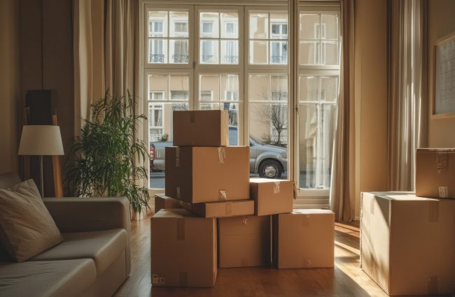A living room with large cardboard boxes stacked, with a moving truck visible outside the window.